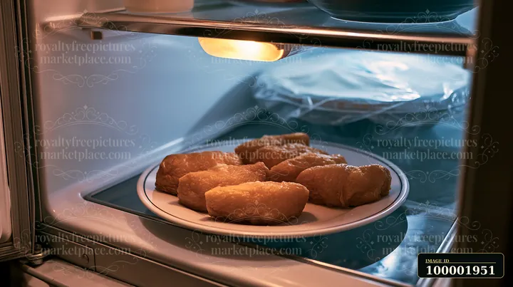 Inari sushi pockets filled with rice sit on a plate inside a refrigerator.