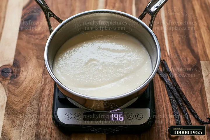 A saucepan holds a creamy mixture while resting on a digital scale.