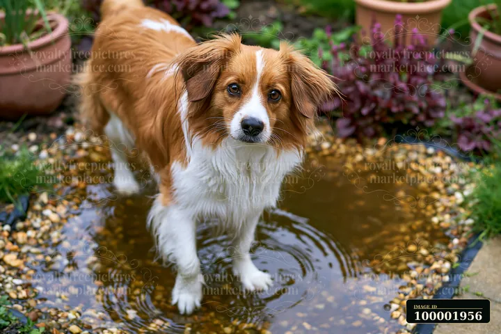 A rare dog breed photographed from above stands in a shallow puddle surrounded by plants and stones.