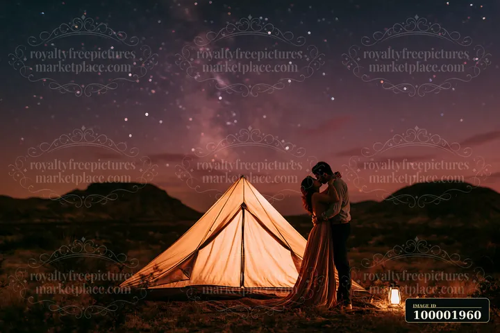 A couple kissing under a starry sky stands close to a tent in a remote area at night.