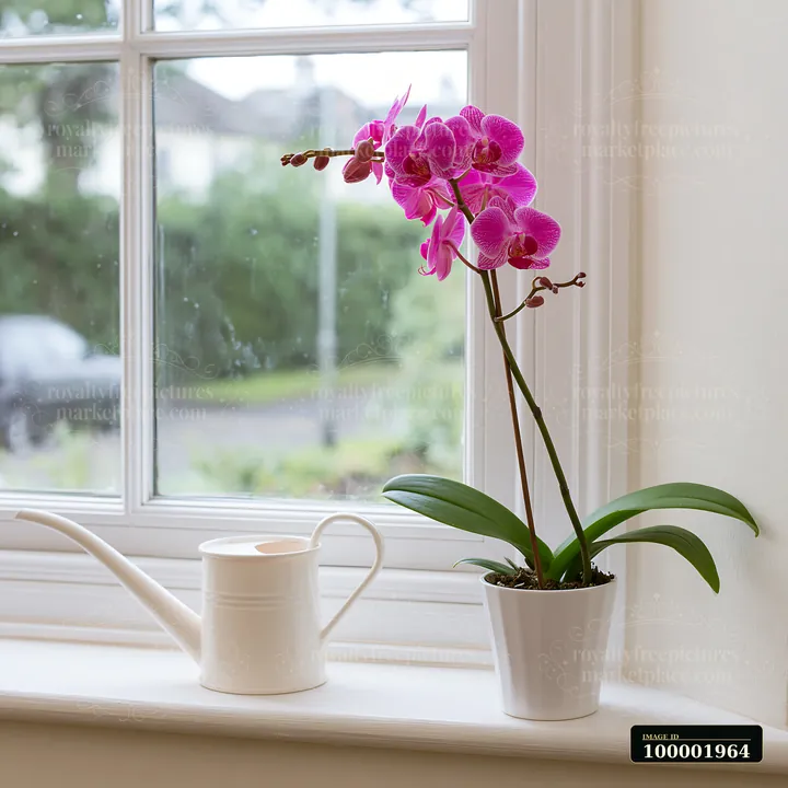 An orchid flower on windowsill next to a white watering can.