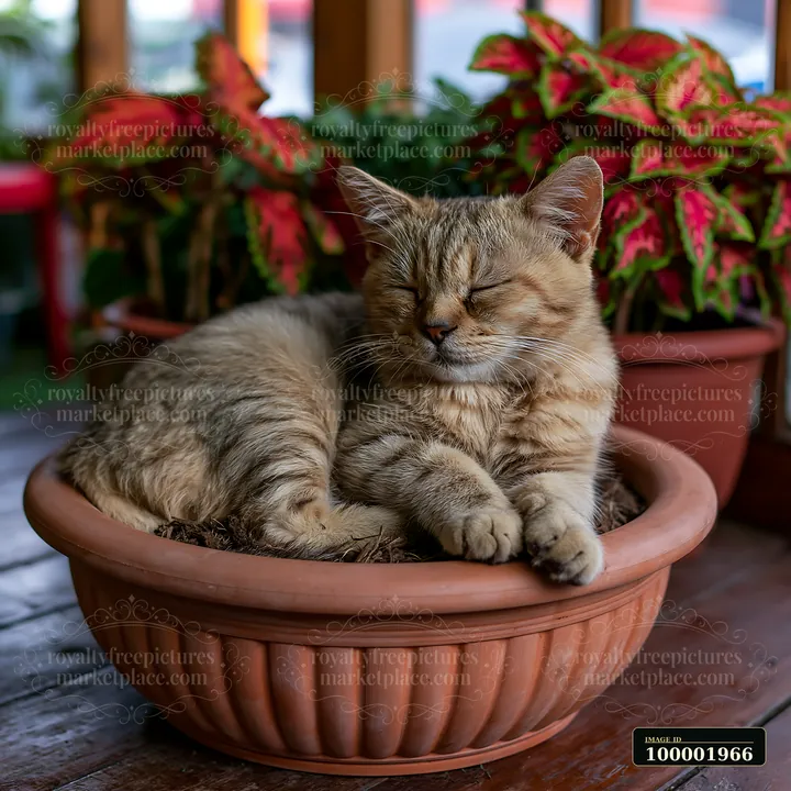 A rare cat breed sleeping at home in a flower pot surrounded by green plants.