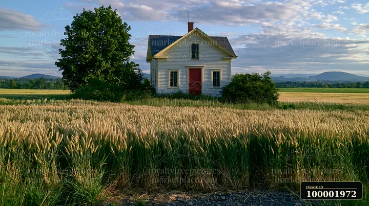 A farmhouse surrounded by wheat fields stands against a backdrop of distant hills and a clear sky.