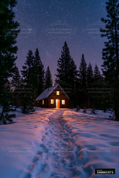 A snow-covered cabin under stars sits in a forest setting with trees surrounding the area.