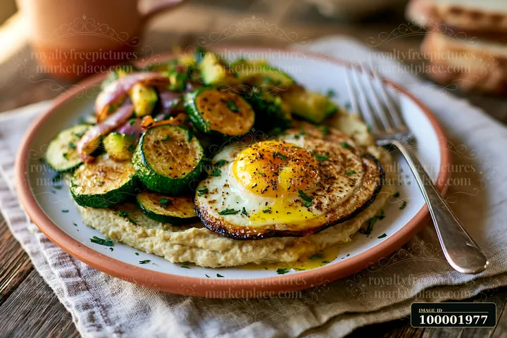 A breakfast plate features hummus topped with fried egg and grilled zucchini, served with toasted bread.