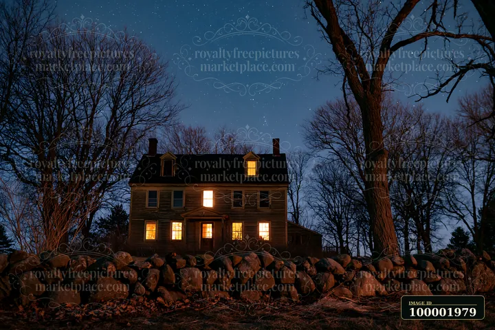 A country house is illuminated against a backdrop of a clear night sky filled with stars.