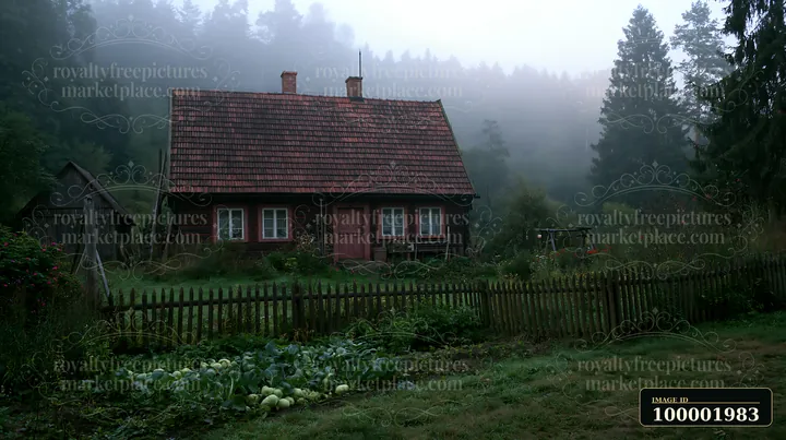 A rustic cottage near forest edge sits beneath a foggy sky.