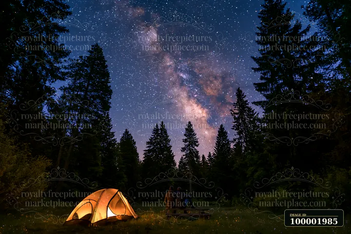 A couple sits together in a forest clearing, gazing up at the Milky Way stars above.