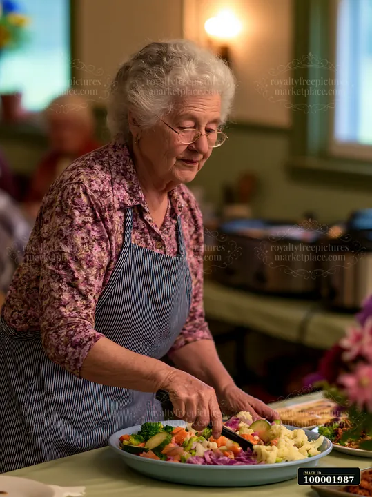 An elderly woman serves food at a bustling church gathering buffet.
