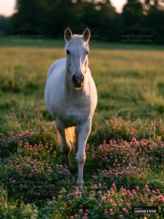 A white horse walks through a green meadow filled with vibrant flowers at sunset.