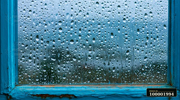 Close-up droplets on rustic glass pane show rainwater clinging to the surface.