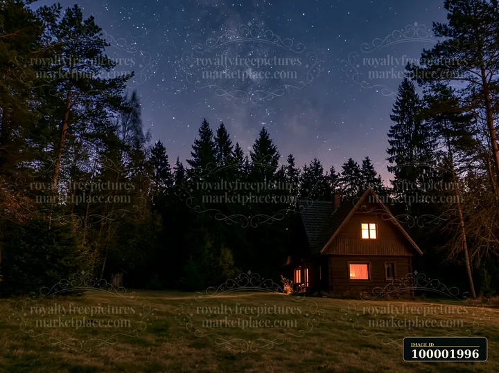 A wooden villa stands in a clearing surrounded by tall trees under a bright star-filled sky.