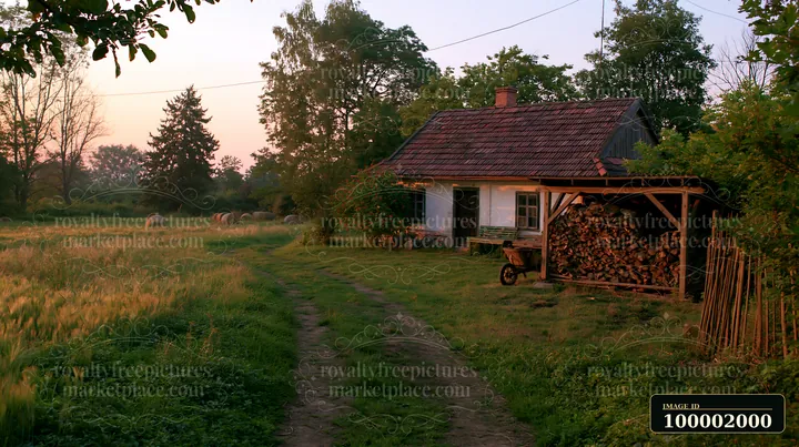 A rural cottage with firewood stack sits beside a path in a grassy field.