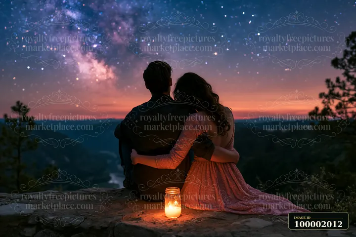 A romantic couple under the Milky Way sits on a rocky ledge.