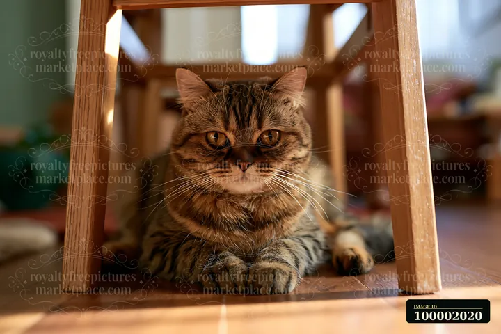 A Minskin cat is resting calmly under a wooden chair in a home setting.