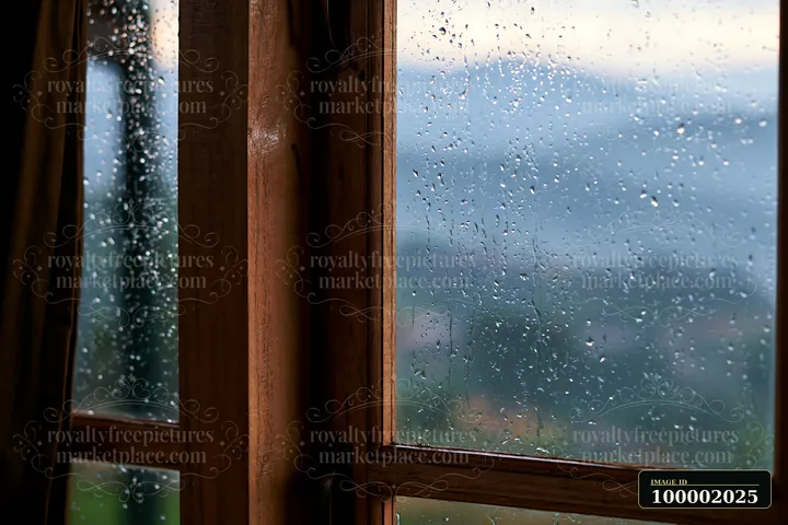 Raindrops on timber window show blurred hills outside, capturing a moment during rainy weather.