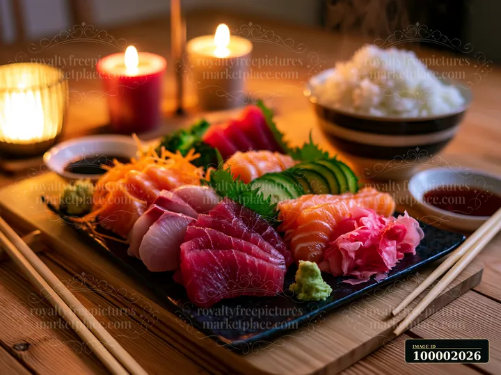 A sashimi platter with pickled ginger sits on a wooden table, surrounded by candles and bowls of rice.