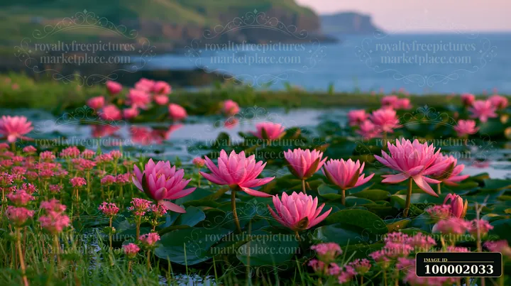 Bright pink flowers bloom around a natural pond near the coast.