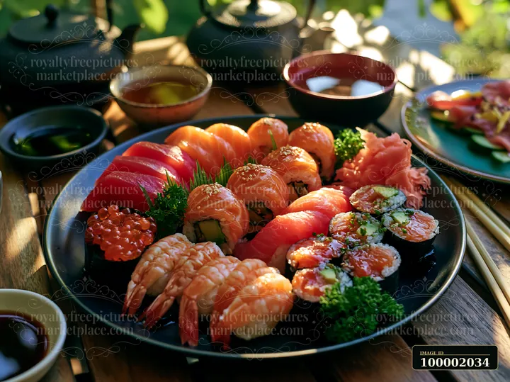 Sushi served with tea is displayed on a wooden table surrounded by green plants.
