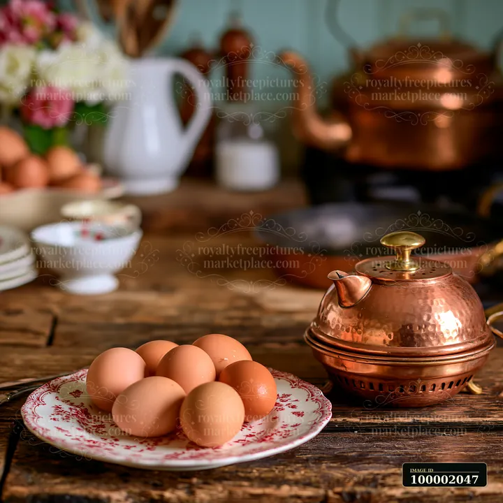 A farmhouse kitchen features a wooden table with a plate of fresh eggs and a copper kettle.