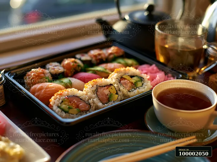 A sushi delivery box close-up shows various sushi rolls beside a cup of tea and chopsticks.