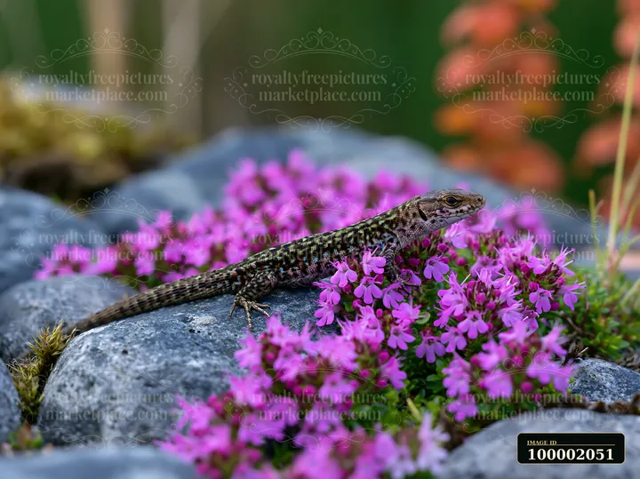 A lizard rests on stones surrounded by vibrant thyme flowers, showcasing the interplay of nature in a garden.