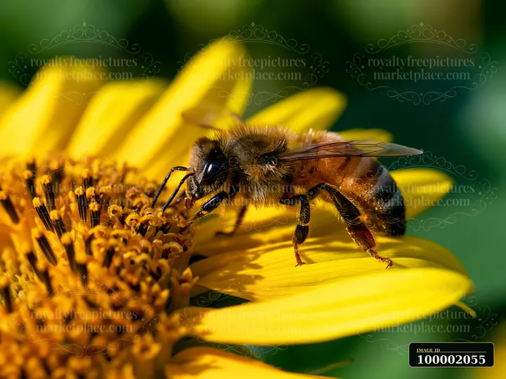 A honey bee crawling on petal of a yellow sunflower, collecting nectar in a garden.
