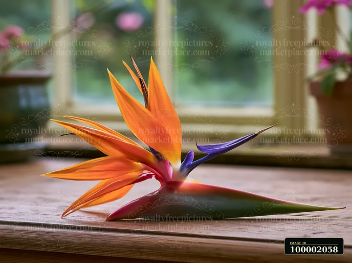 A bird of paradise flower is placed on a wooden table in a greenhouse, surrounded by soft natural light filtering through the windows.