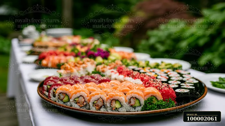 A large sushi platter for catering event showcases a variety of colorful sushi rolls arranged on a table outside.