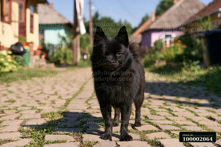 A rare dog breed on rural road stands on a cobblestone path surrounded by colorful houses and greenery.