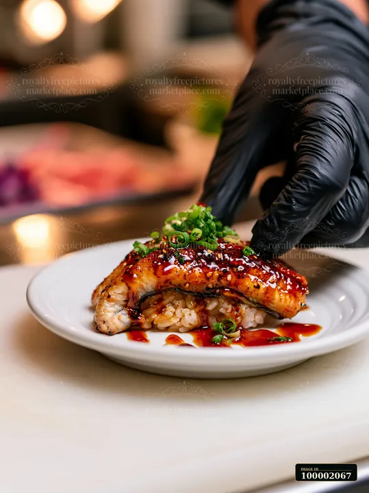 A hand wearing a black glove is placing a single eel nigiri with sauce on a small white plate.