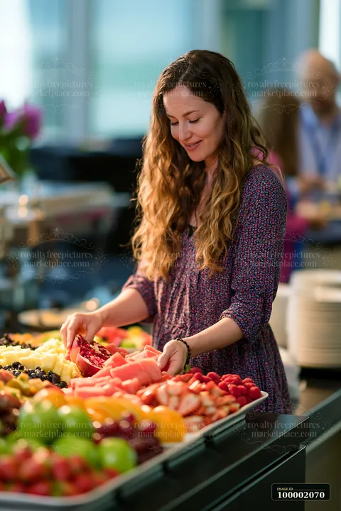 A woman selects fresh fruit from a large buffet table during a corporate lunch buffet.