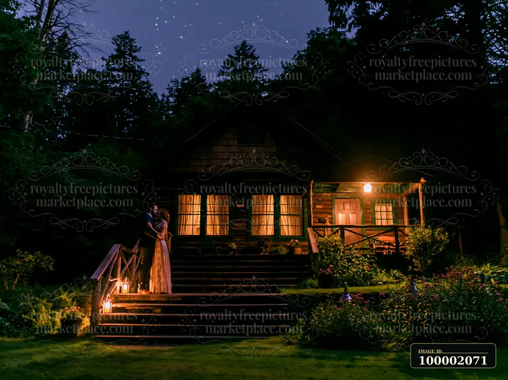 Newlyweds kissing outdoors beneath stars in a garden by a cabin at night.