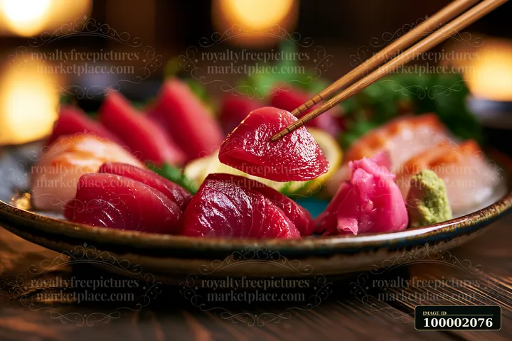 Sashimi platter with pickled ginger and wasabi placed on a dark wooden table.