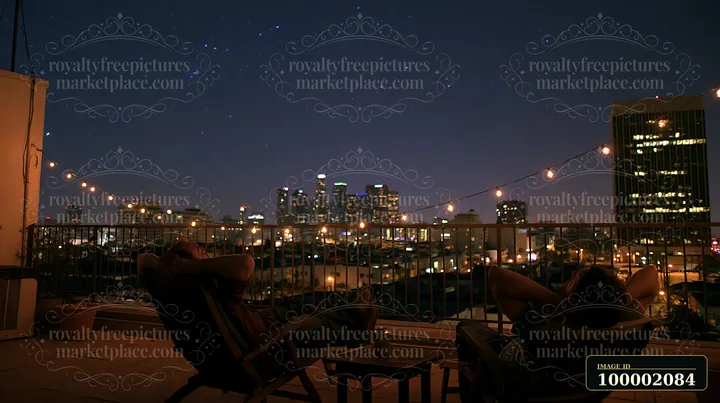 Under a starry night over a person watching the sky, two people relax on a rooftop with a view of the city skyline.