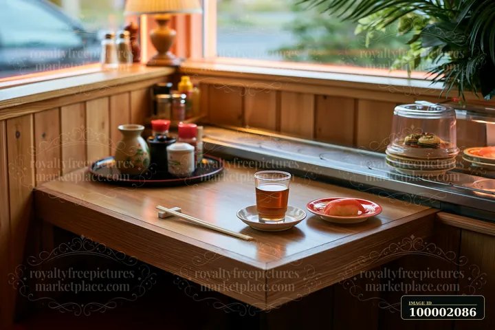 A table at a sushi conveyor belt restaurant displays a cup of tea and a piece of sushi.
