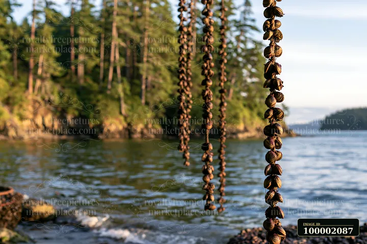 Mussels hang suspended from ropes along the coastline with mussel farms in a natural setting.