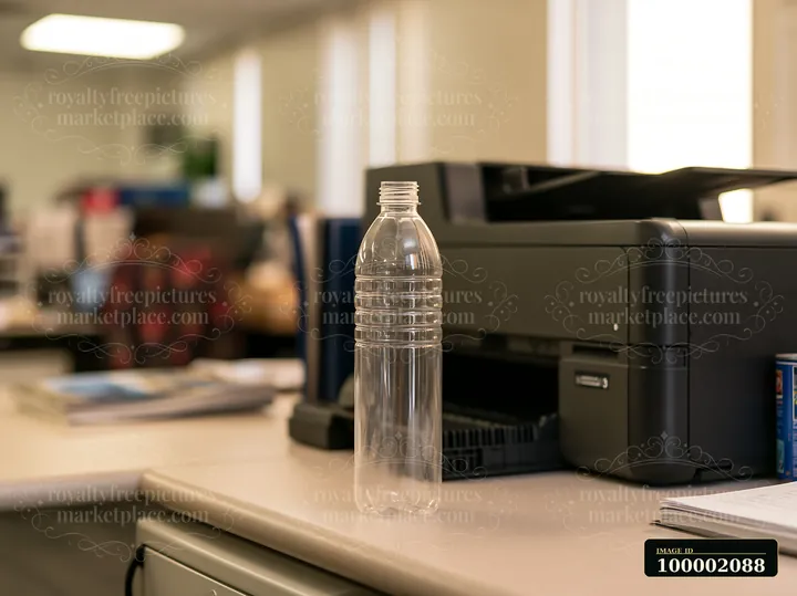 An empty bottle stands on a desk in an office space with a printer nearby.