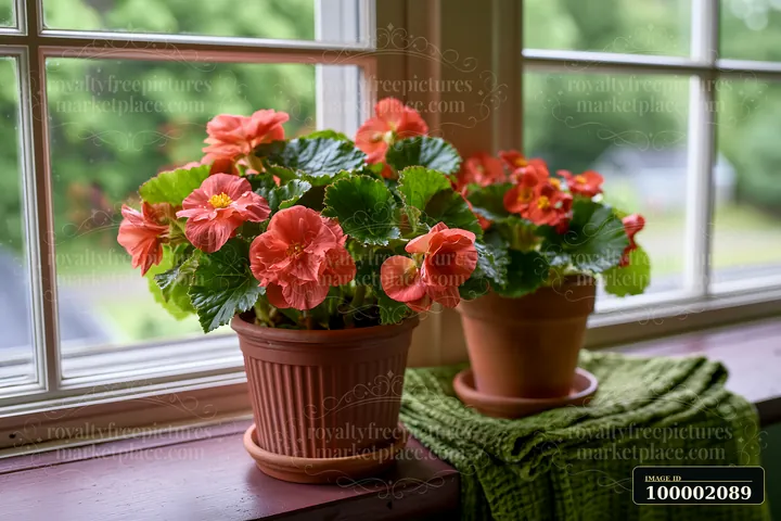 Begonia flowers on balcony create a vibrant scene with blooming orange petals.