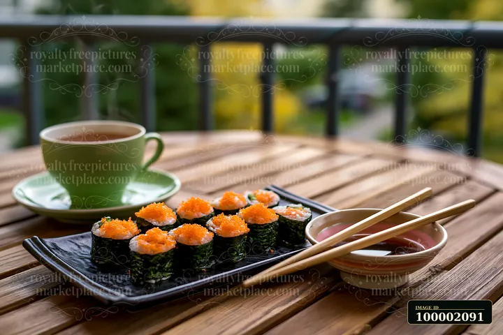 A tobiko roe sushi platter sits on a wooden table beside a cup of tea.