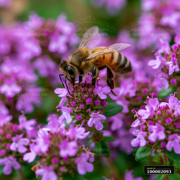 A honey bee collects nectar from a thyme flower surrounded by purple blooms in a garden setting.