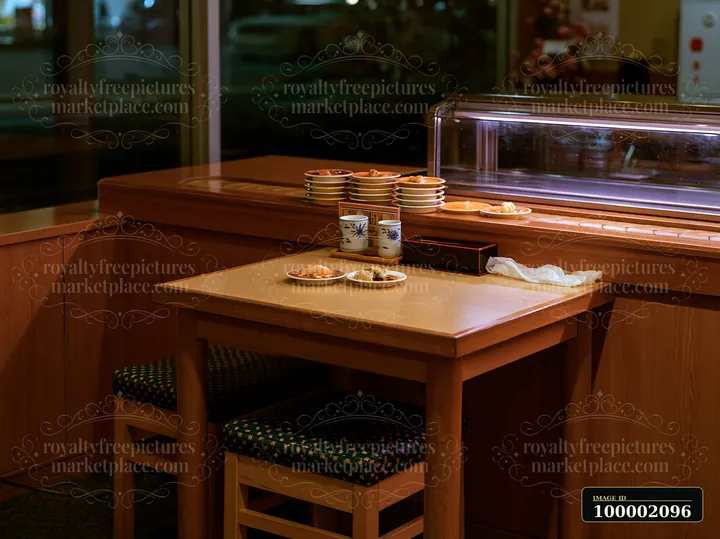 A table with empty plates sits in a sushi conveyor belt restaurant, showcasing a quiet dining area in the evening.
