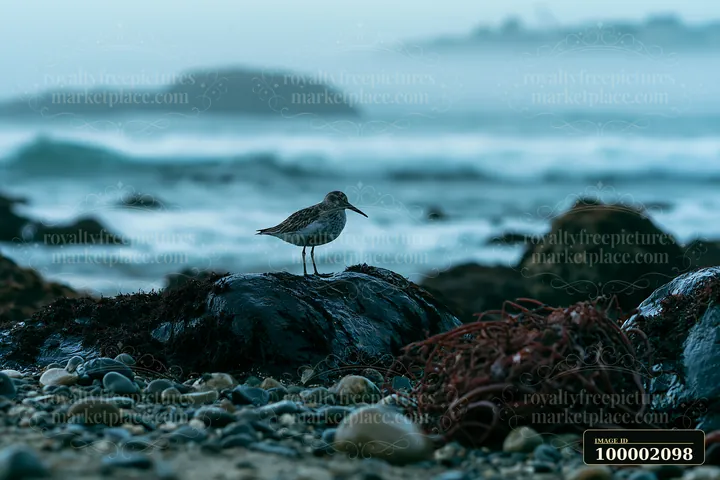 A bird stands on a rock along the coastline covered in sea fog while waves crash softly in the background near the shore.