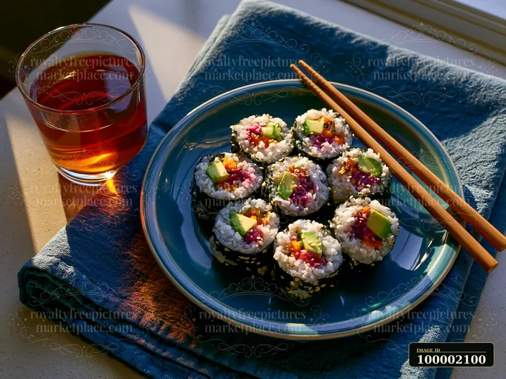 Sushi served with tea sits on a blue plate beside a glass of tea.