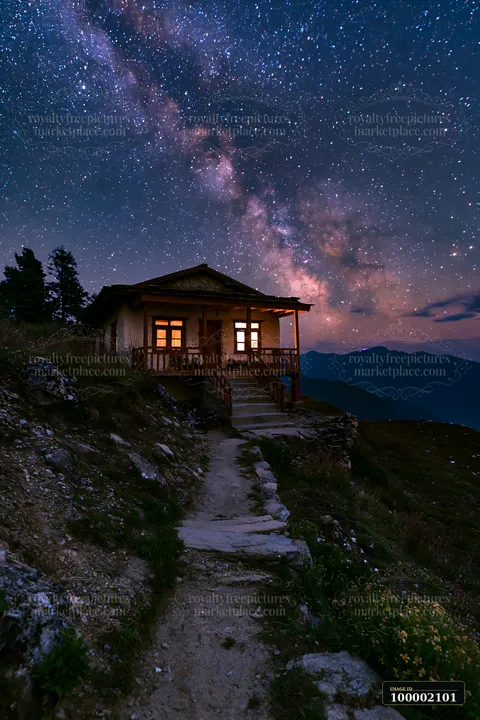 A remote house sits on a hillside against the night sky filled with stars and the Milky Way.