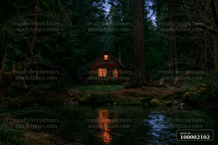 A cabin under stars beside a stream is visible in this dark forest setting.