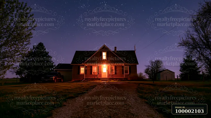 A house stands under a starry sky, with a gravel driveway leading to its entrance.