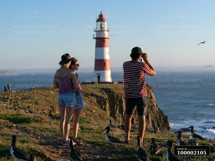 A couple stands on a cliff near a lighthouse, taking photos as seabirds roam around them.