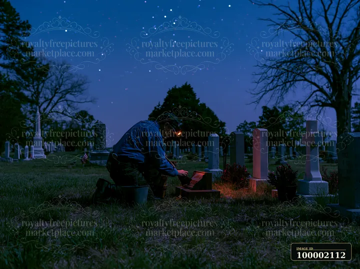 A person kneels at a grave in a soldiers' cemetery under a starry night sky.