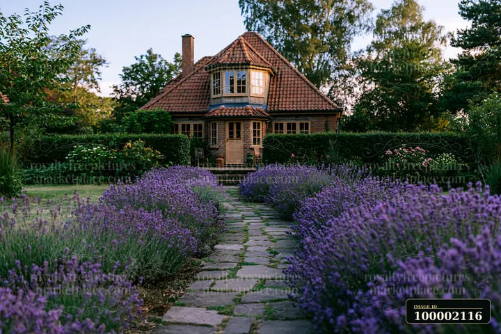 A country house surrounded by hedges features a stone path lined with lavender plants.